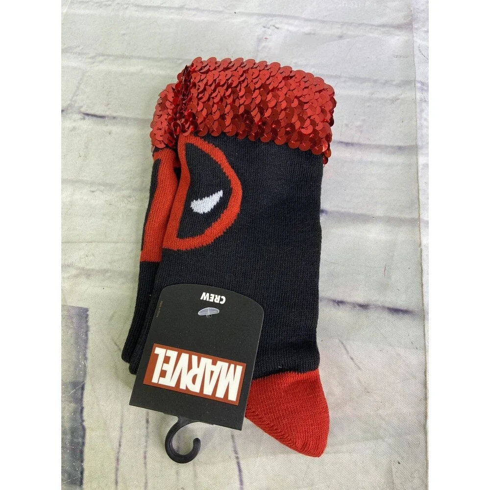 Marvel Deadpool Logo Sequin Cuffed Novelty Socks 1 Pair Womens Shoe Size 5-11